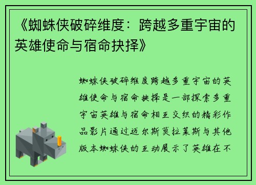 《蜘蛛侠破碎维度：跨越多重宇宙的英雄使命与宿命抉择》